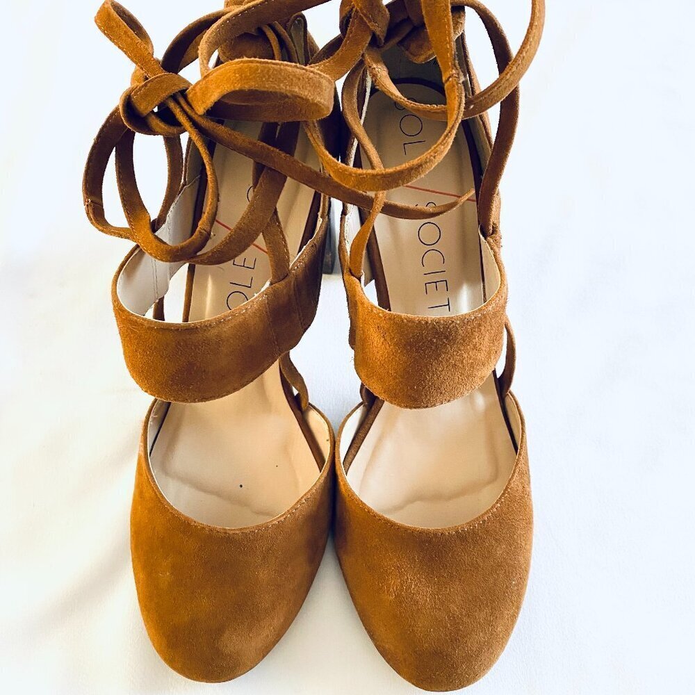 Sole Society Isabelli suede wrap tie block heel Womens Size 8 Cognac brown - Picture 3 of 6